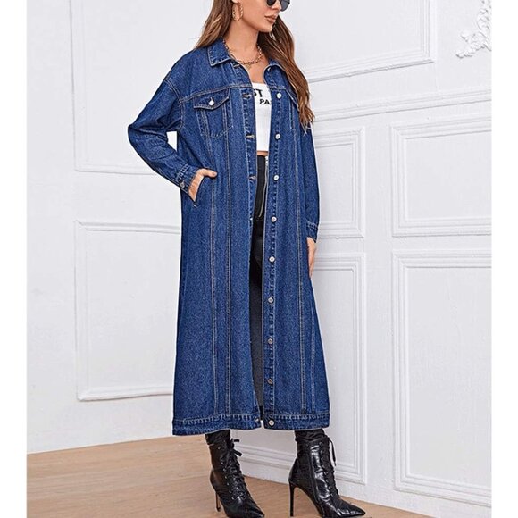 Women's Denim Jacket Long Midi Casual Button Down Trench Coat Blue Medium - Picture 2 of 5